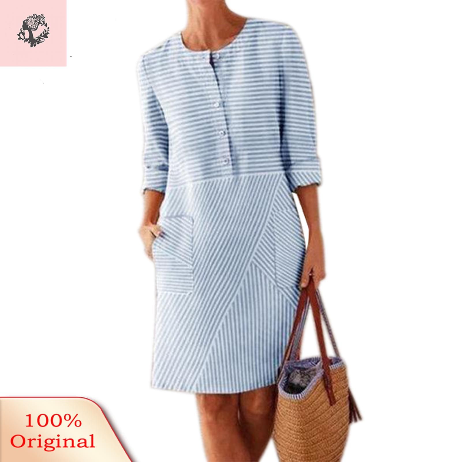 Sunnyheart Pocket Dress Casual Striped Print Medium Length Button Dress