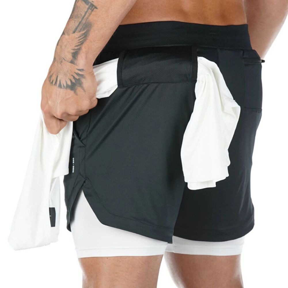 Men's 2 in 1 Running Shorts Workout Training Gym Quick Dry Bodybuliding Athletic Short Jogger with Pockets