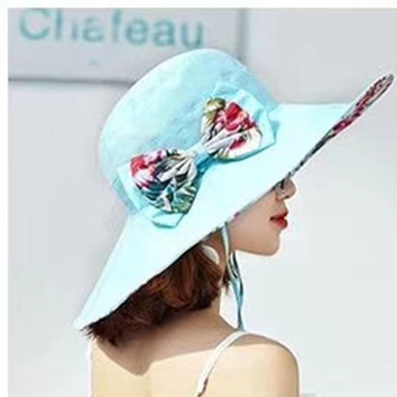 summer women's Super Big Brim sun hat fashion hat printing hat UV protection Wind Rope Fixed Beach Hat Foldable