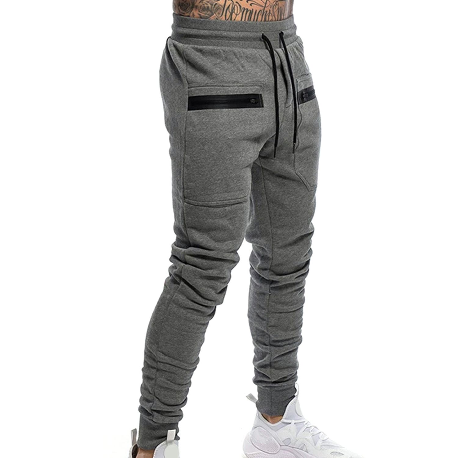Fitness Pants Zipper Pockets Drawstring Mid Waist Training Trousers