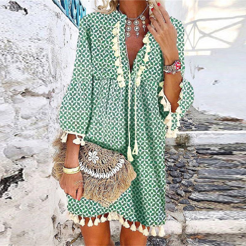 Summer V Neck Tassel Beach Dress Spring Vintage Floral Print 3/4 Sleeve Party Dress Women Casual Loose A-Line Dress Vestido