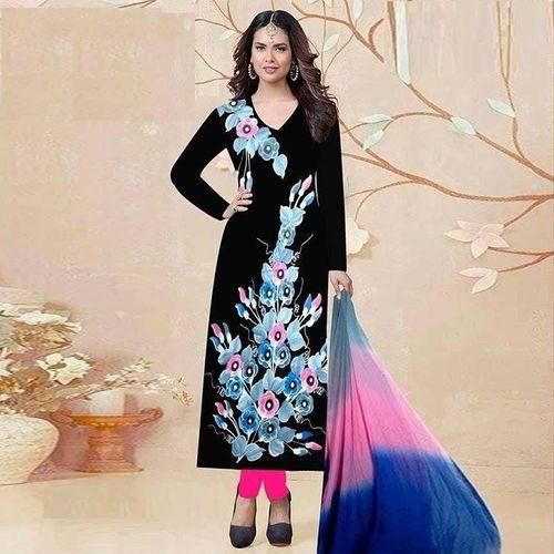 Unstitched Black Cotton Block Printed Shalwar Kameez For Women