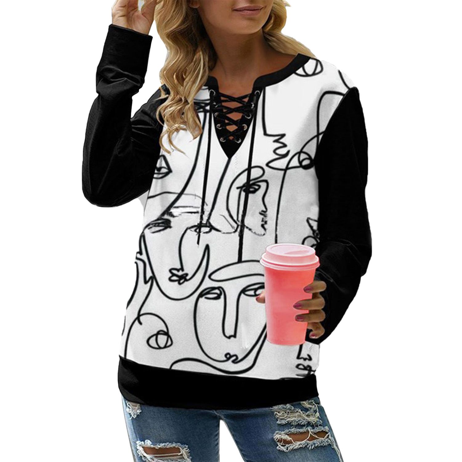 Printed Blouse Long Sleeve Fashion Print Bandage Neckline Blouse