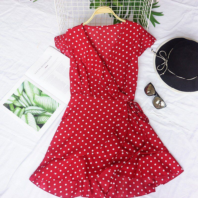 Women Polka Dots Summer Dress Casual Short Sleeve V-Neck Ruffle Dress Fashion Lace Up Chiffon Dresses Female Vestidos