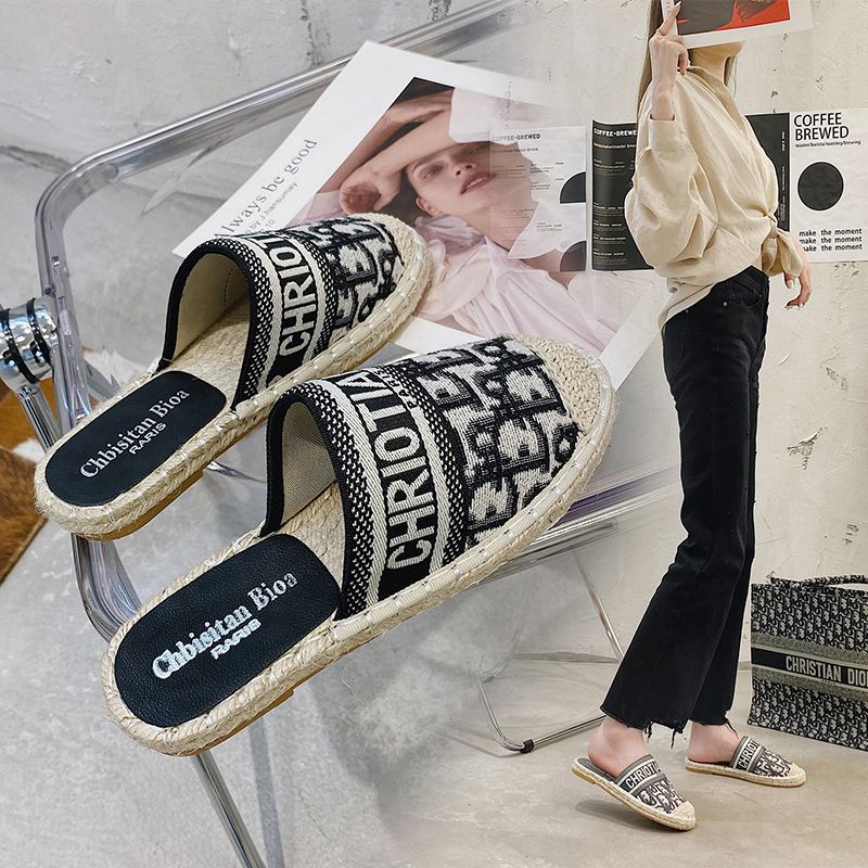 Fashion Women Slip-on Shoes Casual Canvas Straw Flat Shoes Women Half Slippers Mules Shoes for Women