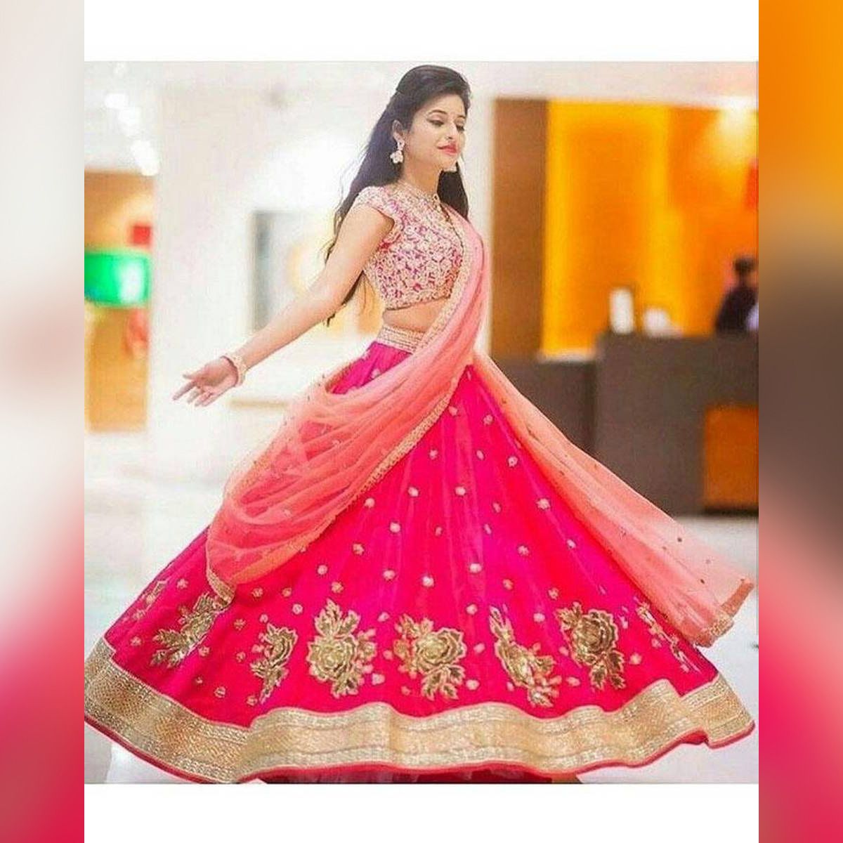 Hot  Pink  Georgette  Semi  Stitched  Lehenga  for  Women