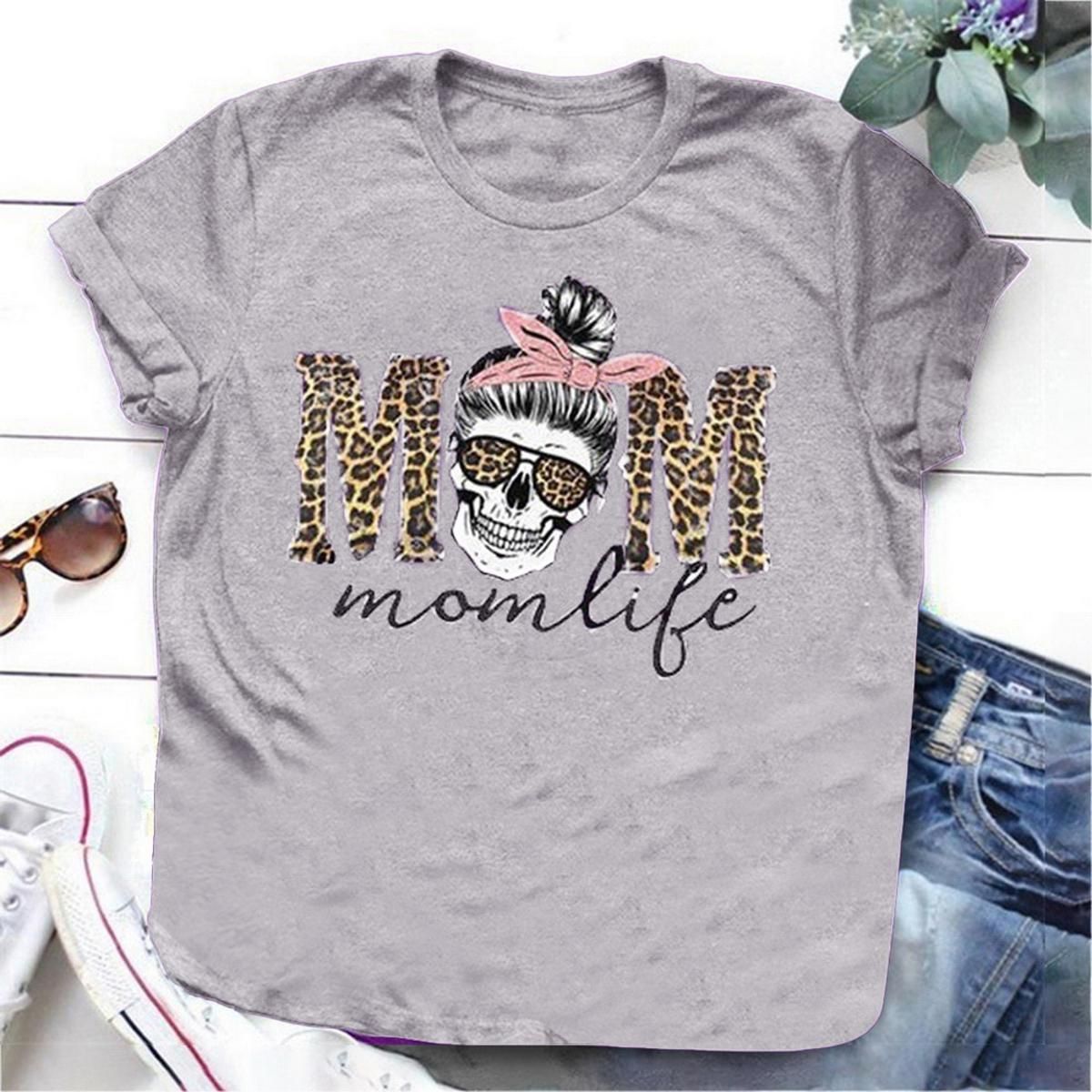 Leopard Skull Head Mom Life Print Women T Shirt Short Sleeve O Neck Loose Women Tshirt Ladies Fashion Tee Shirt Tops Clothes