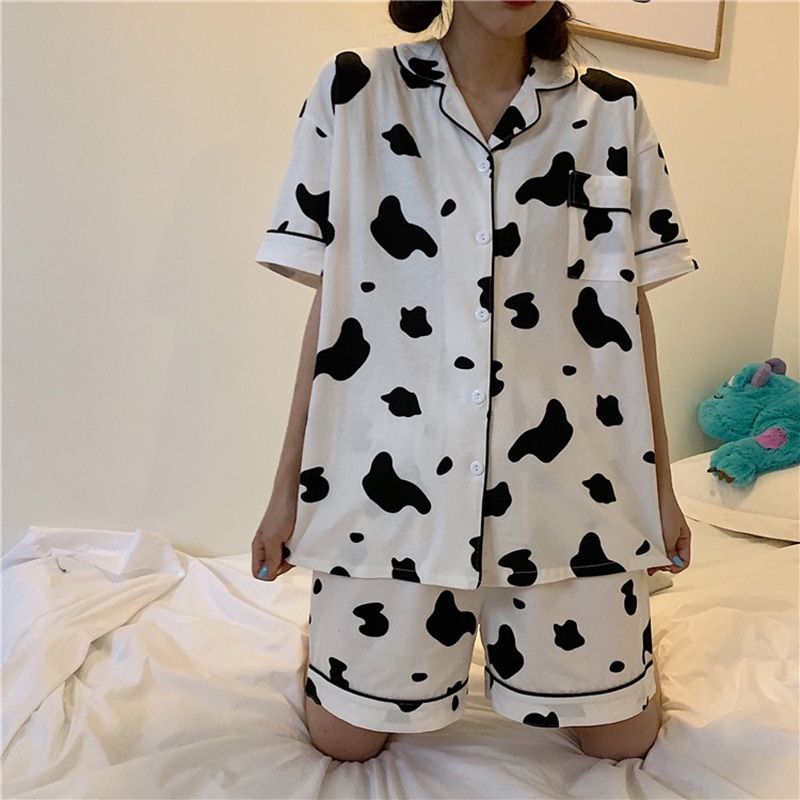 Women's Pajamas Summer Spring Milk Silk  Lapel Cardigan Short and Long Sleeve Two-Piece Sweet Casual Female's Homewear