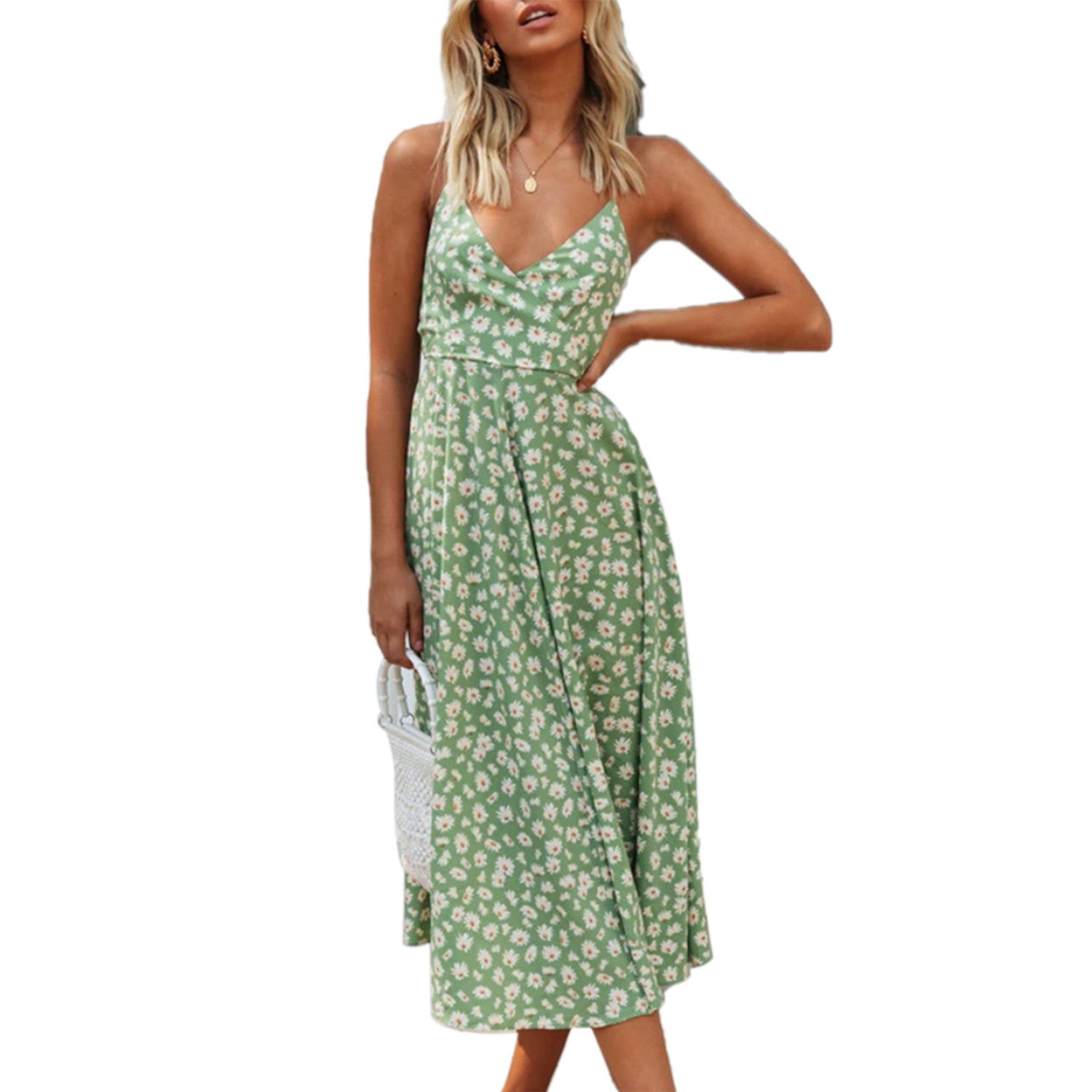 Women's Sling Long Dress Fashion Sexy Little Daisy Floral Print Backless Lace Up Dress
