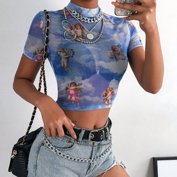 Angel Print Mesh  T Shirt Crop Top High Neck Short Sleeve Graphic Tees Women Streetwear Harajuku Shirts