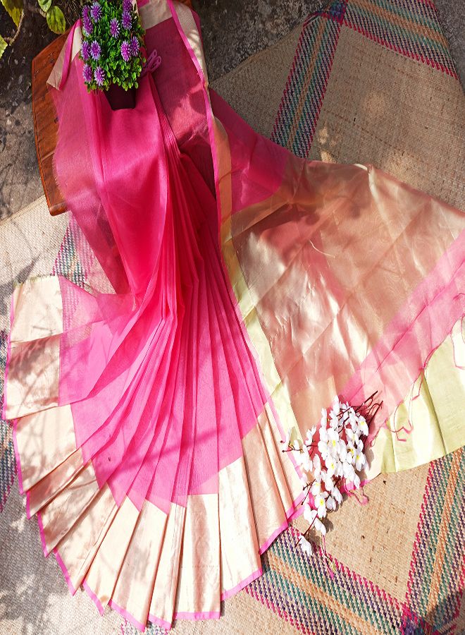 Rose & Golden Combnation Color 12 Hand  Half silk Saree for Women From Tanmgail Tant Saree Store. (from Tangail)
