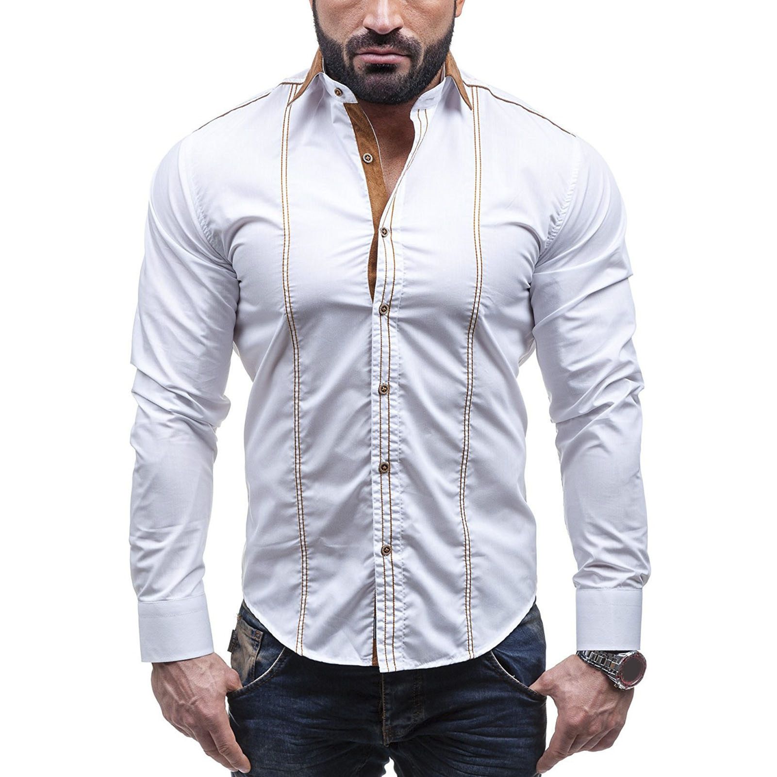 Trendy Shirt Buttons Closure Featured Sewing Thread Slim Office Shirt