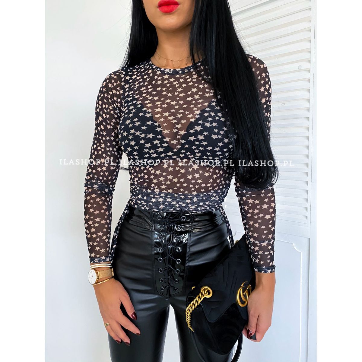 Women Star Print Mesh See Through Top  Long Sleeve Shirt for Party Bar Club Wear