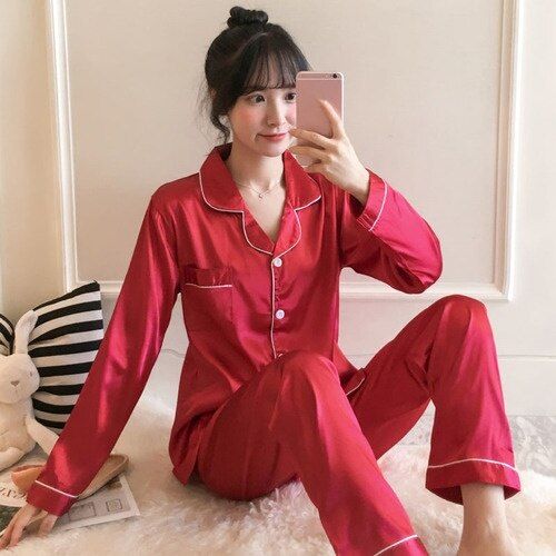 Home Clothes for Girl Solid Long Pyjamas Turn-down Collar Women Sleepwear Plus Size Lingerie Femme Silk Pajamas Set 4XL 5XL