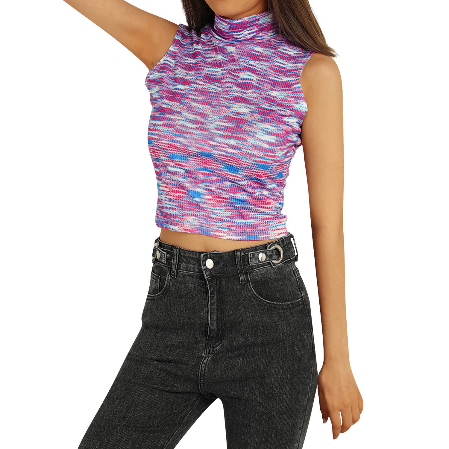 Women Knit Tank Tops, Adults Summer Sleeveless Color Block High Collar Pullover (Pink)