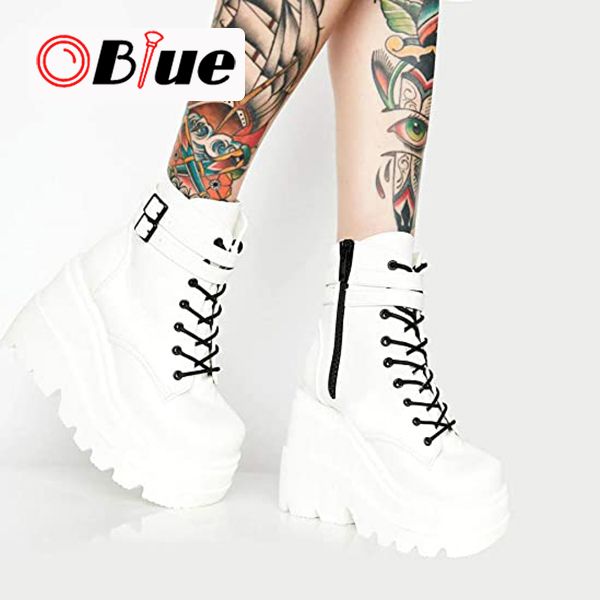 Women Motorcycle Boots Round Toe Thick Waterproof Platform Shoes Lace-Up Ankle Booties Fashion Party Boots