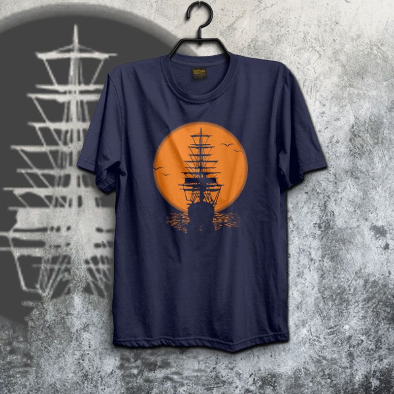Moon & Ship Cotton Graphic Half Sleeve Tshirt Mb65  - T Shirt For Man