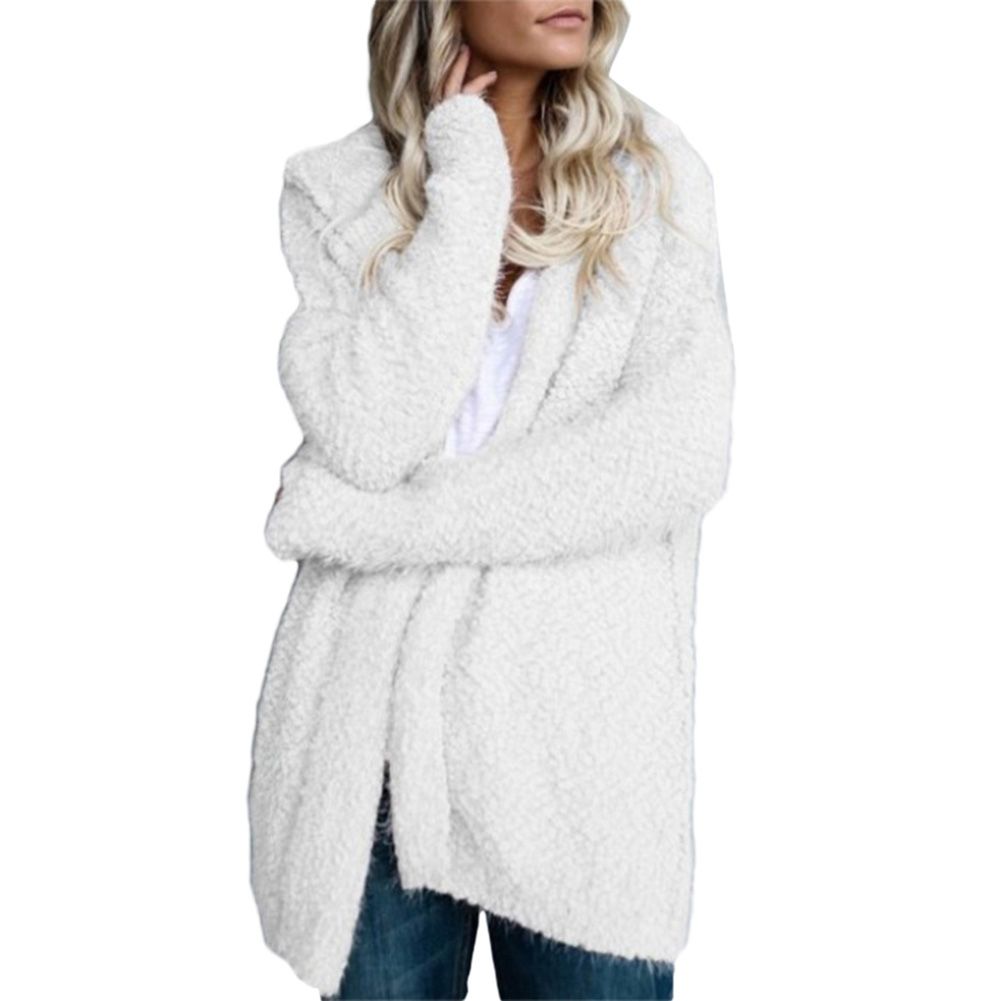 Women Loose Solid Color Hooded Cardigan Long Sleeve Open Front Knitted Outwear