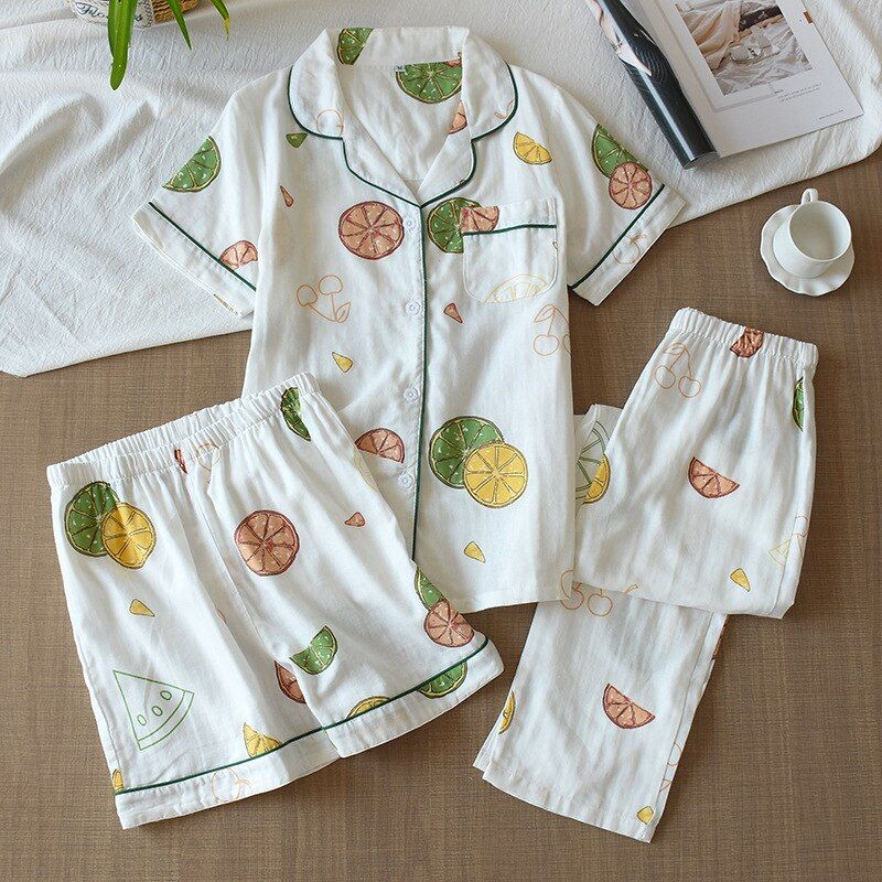 Three-piece Jnese-style pajamas women spring and summer autumn 100% cotton gauze short-sleeved shorts trousers summer suit ho