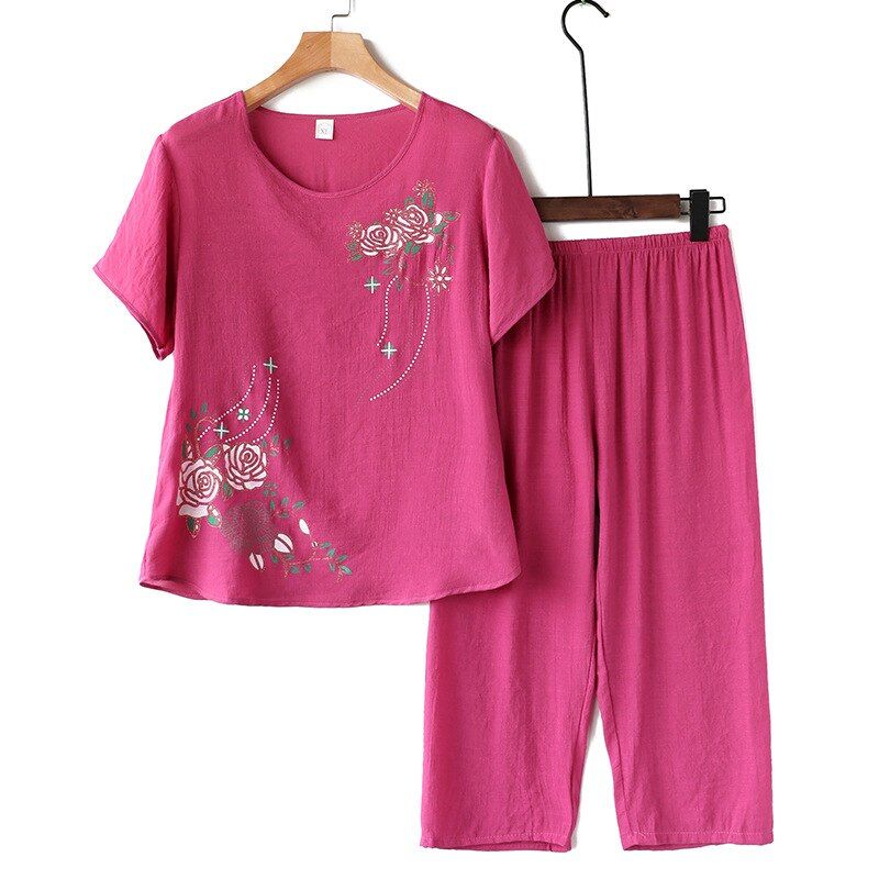 Home Mom Nightie Linen Cotton Female Colorful Set Of  Two Fashion Pieces Short Sleeve Casual Brief Loose Women Pajama Big Size