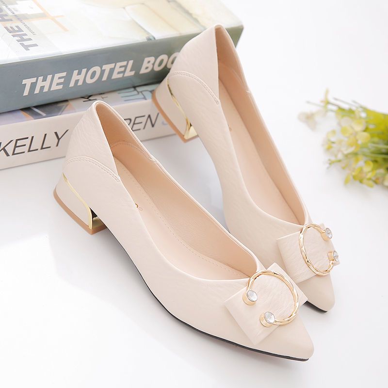 Heel Shoes Women'sNew Spring and Autumn Mid and Low Heel Shallow Mouth Pointed Toe Soft Leather Mary Jane Grandma Shoes Retro Summer