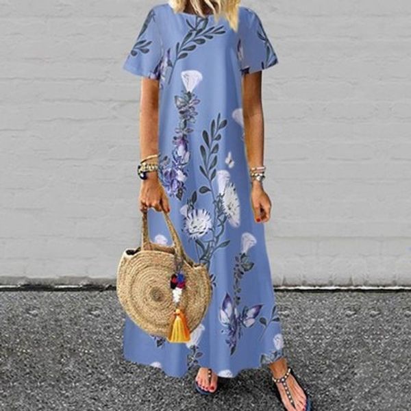 Bohemian Dress Women Short Sleeve Floral Printed Long Maxi Sundress O Neck Casual Loose Party Beach Robe