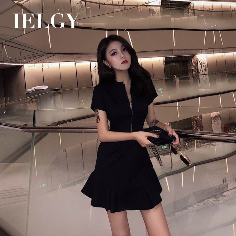 IELGY dress female design zipper short sleeve small black skirt fishtail dress