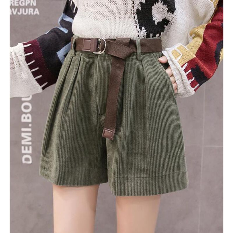 Casual Streetwear S-Plus Size Shorts For Women Winter High Waist Corduroy Ladies Shorts With Belt Loose Wide Leg Short Femme