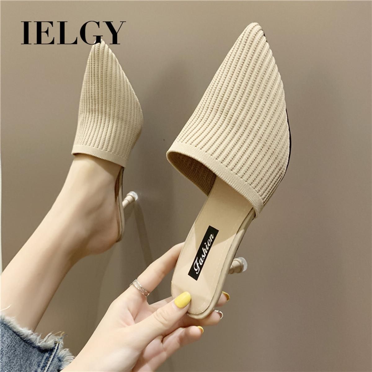 IELGY summer slippers Korean version of non-slip Baotou thin high heels flying woven outer wear slippers