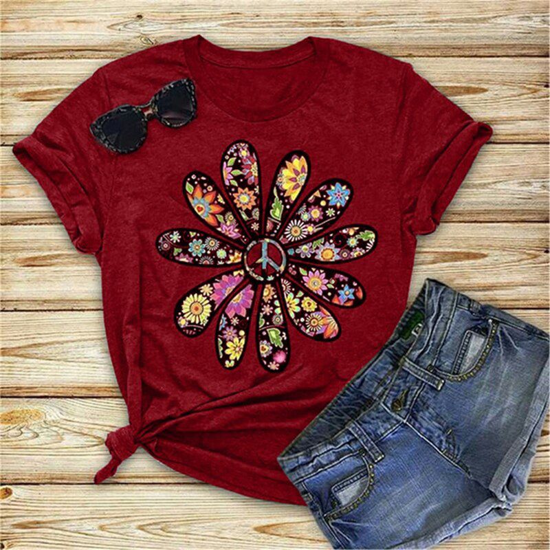 T Shirt Women Flower Print Graphic Tee Kawaii Top Female Clothes Casual Y2k Vintage Aesthetic Streetwear Peace Sign Floral Shirt