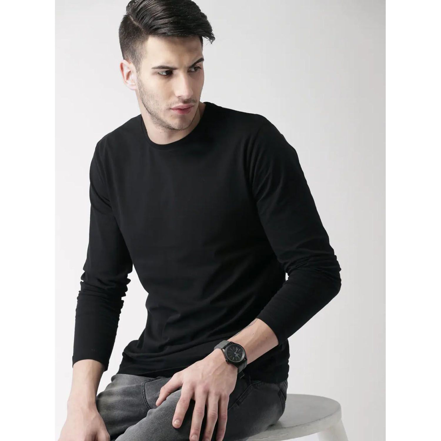 HIGHLANDER Men Black Solid Round Neck Pure Cotton T- shirt