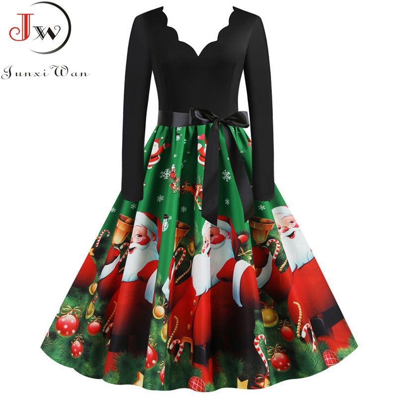 ChristDress Women Winter Long Sleeve V Neck Elegant Vintage Santa Claus Print XParty Outfits Black Big Swing Plus Size