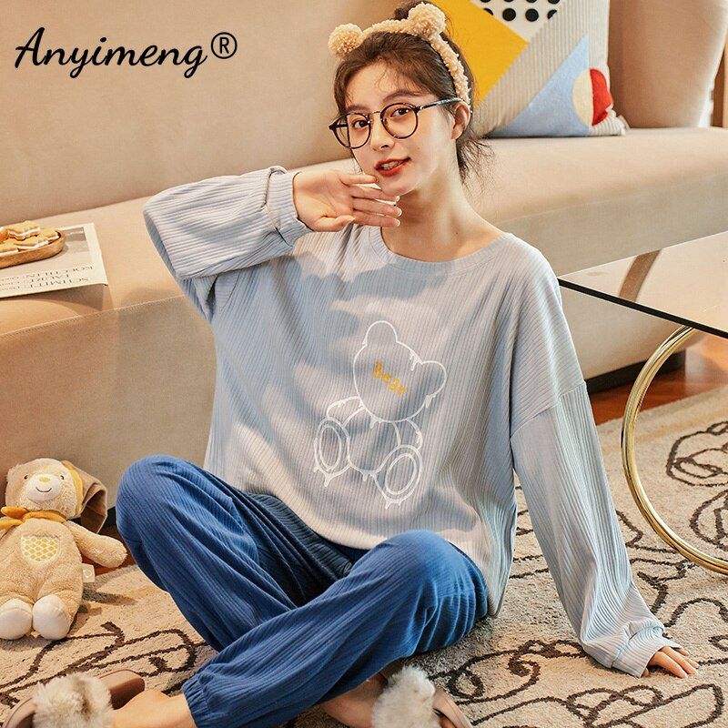 Cute Bear Pajamas Set for Young Lady Long Sleeve Long Pants Round Neck Autumn and Winter  Adorable Leisure Sleepwear for Girl