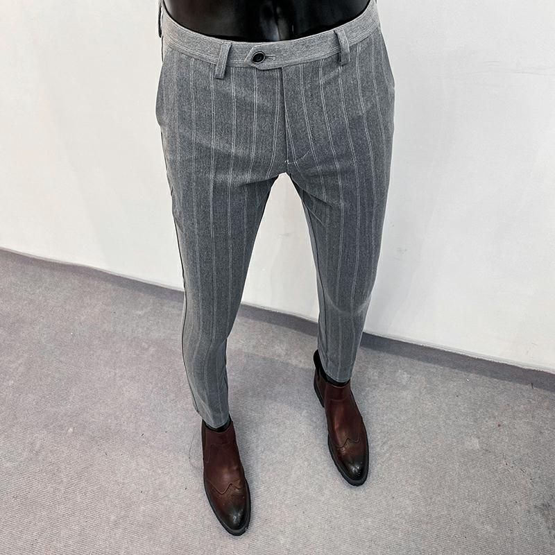 Men's suit pants gray vertical stripes suit pants autumn new casual pants Slim fashion British men's formal business trousers