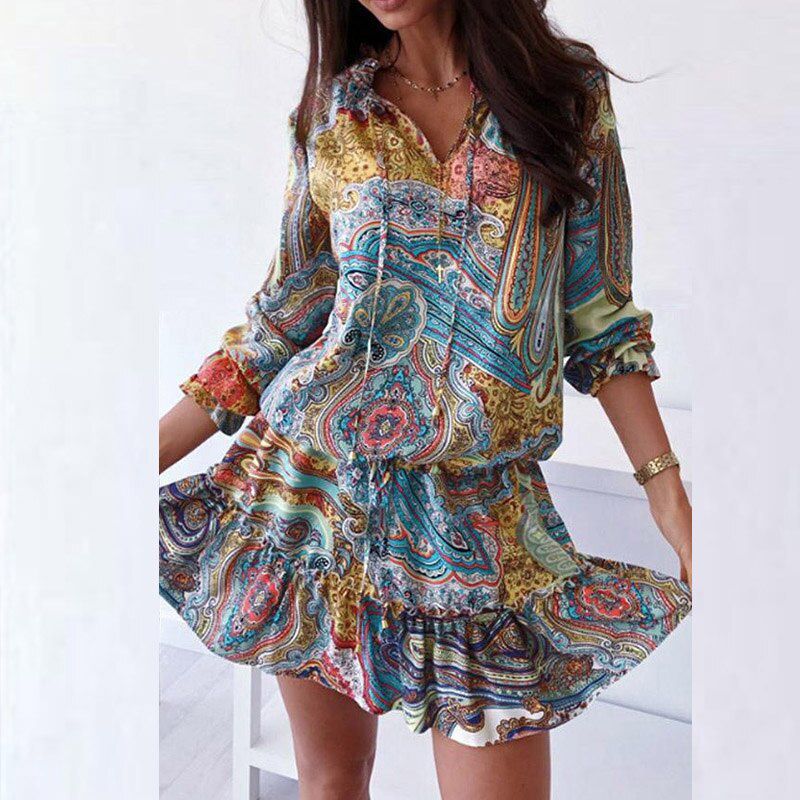 Women Vintage Fashion Print Party Dress V-Neck Lace-Up Tassel Loose Mini Dress Elegant Long Sleeve A-Line Dress Vestido 2XL