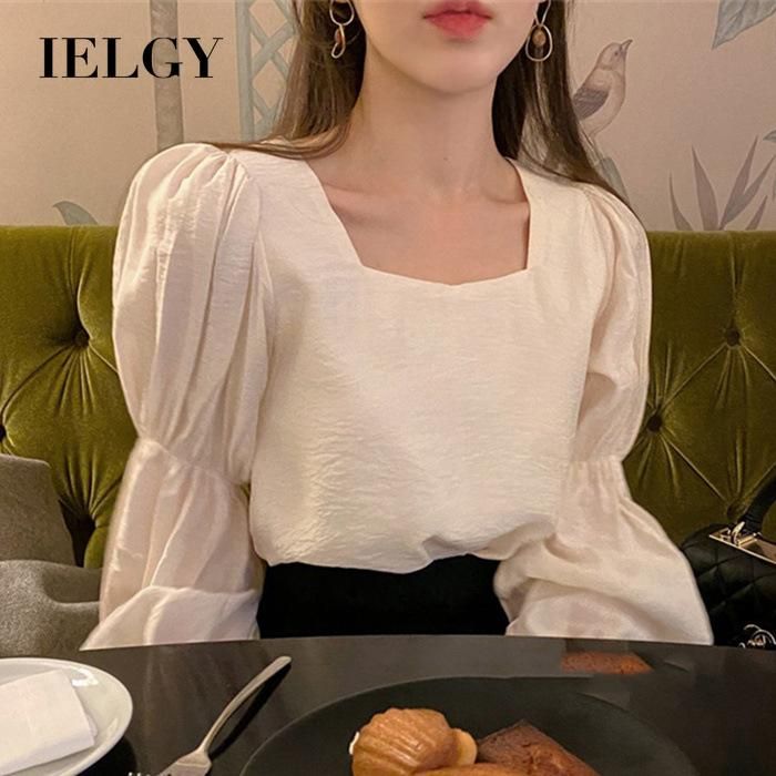 IELGY Women's clothes long sleeves fashionable all-match loose square collar thin shirt casual solid color