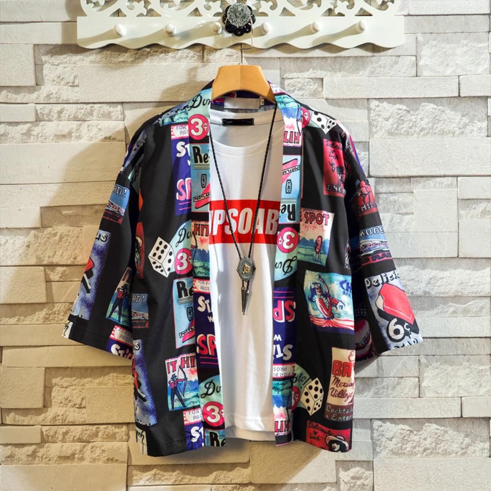 Men Women Kimono Cardigan Shirt Loose Printing Sunscreen Three Quarter Sleeve