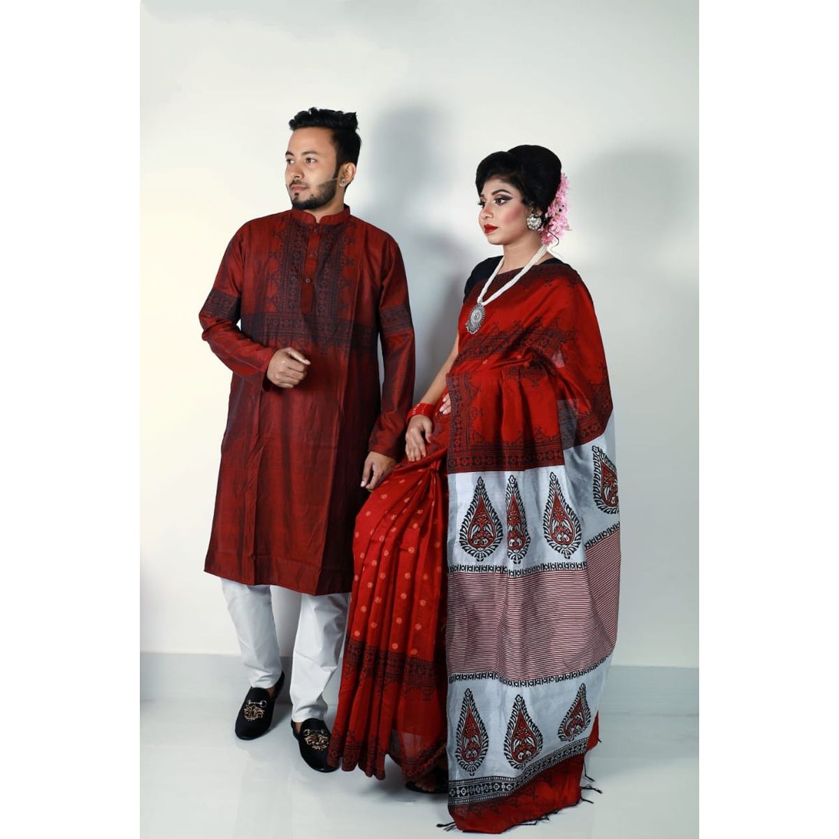 Exclusive Designer Print Half Silk Saree or Dhupian Silk saree & Dhupian Silk Panjabi Combo For Couple Stylesh & fashionable best couple dress for man and women .