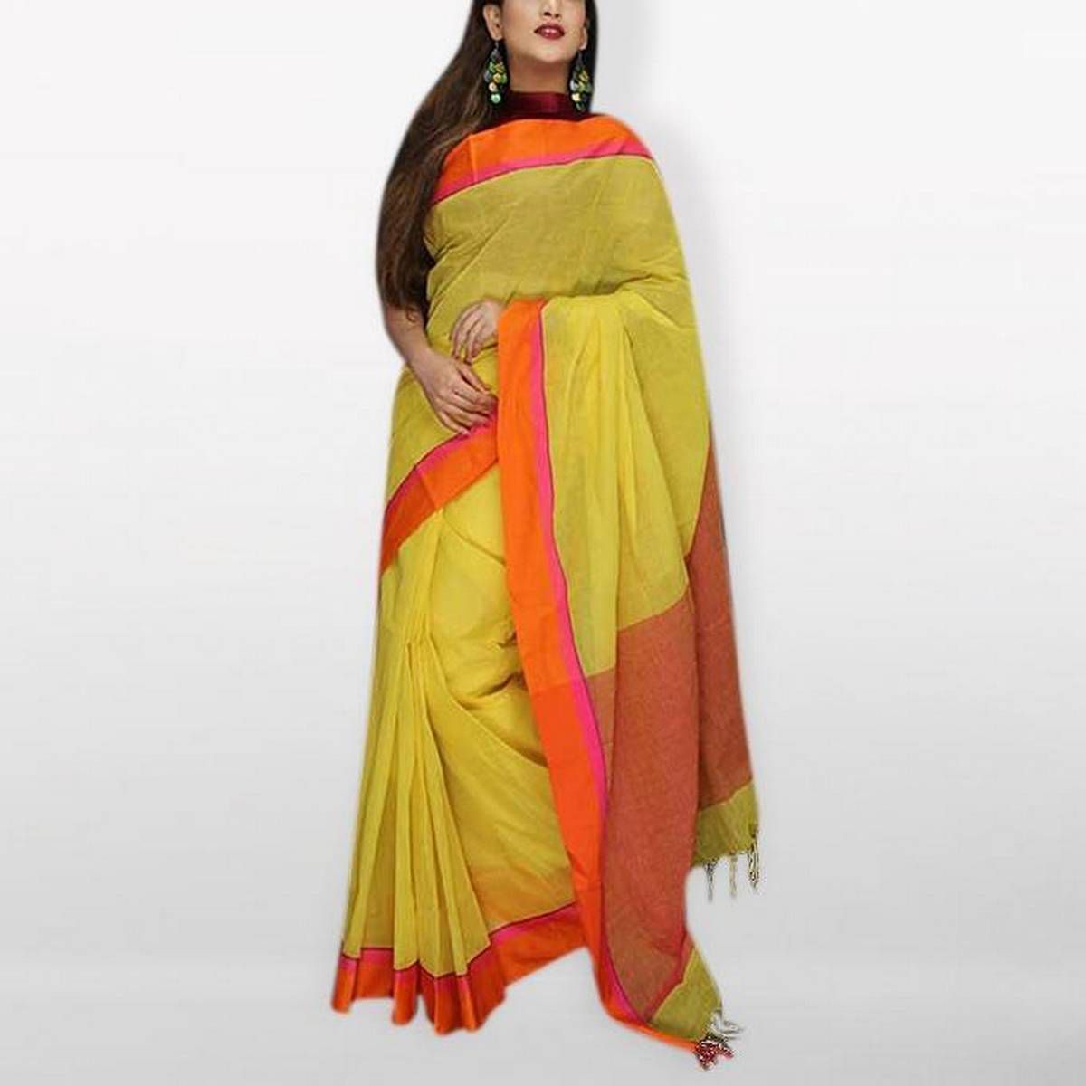 Yellow and Orange Dhanshiri Tant Cotton Saree For Women