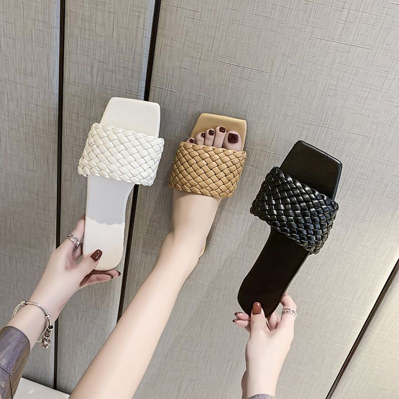 Big Size 35-42 Fashion Weave Women Slippers Casual Leather Open Toe Slip-on Flat Sandals New Korean Ladies Shoes Flip Flops