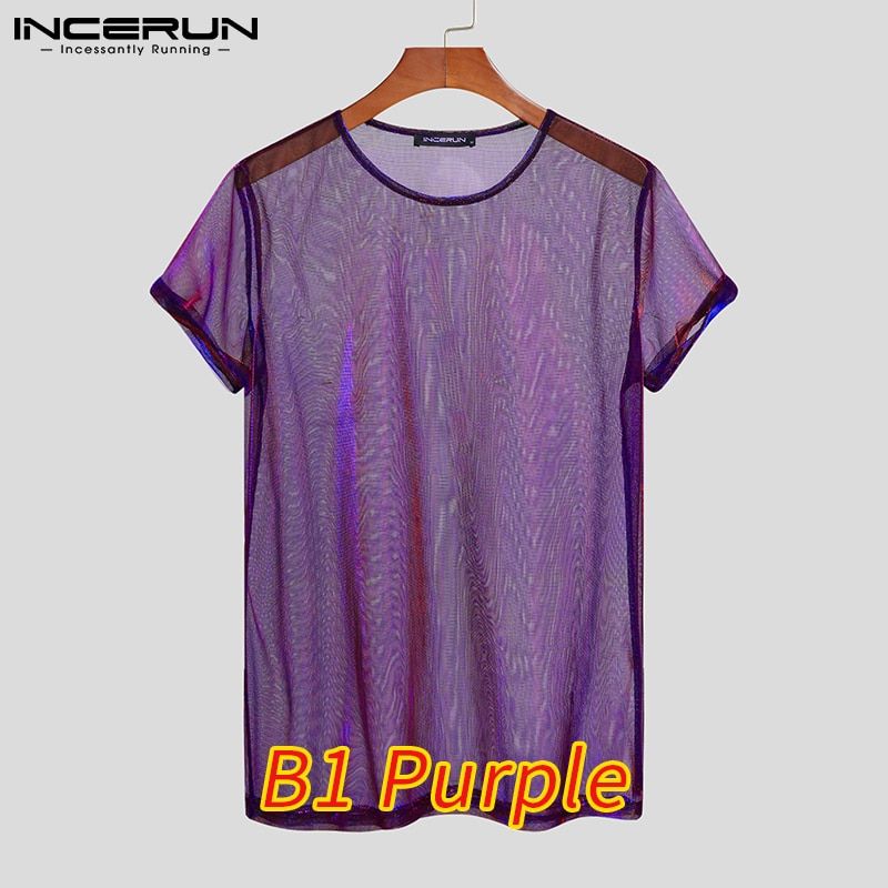 INCERUN Tops 2022 Mens America Style Tees Sexy Shining Metal Mesh Perspective Casual Round Neck Short Sleeve T-Shirt S-5XL 7