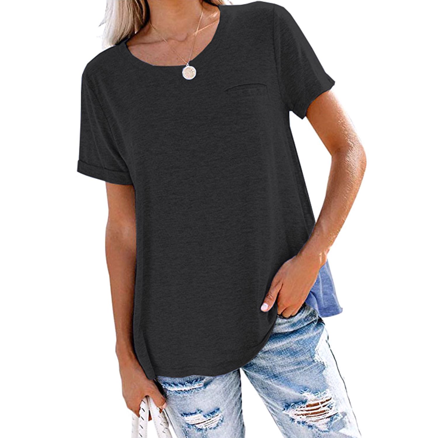Female T-Shirt, Summer Solid Color Round Neck Short Sleeve Tops with Pocket for Women, S/M/L/XL