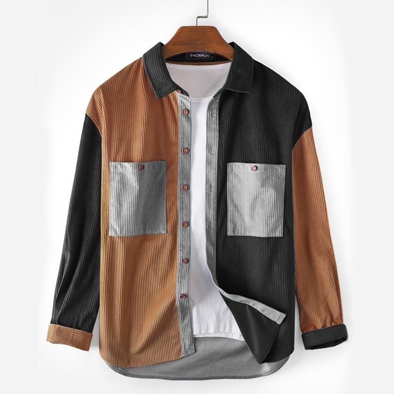 Fashion Men Corduroy Shirt Patchwork Long Sleeve Pockets Casual Brand Tops Streetwear Lapel 2021 Personality Camisas INCERUN 7