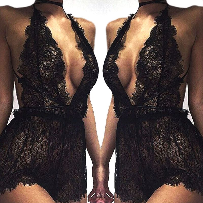 Women  Deep V-Neck Halter See Through Lace Sleepwear + G-String Underwear