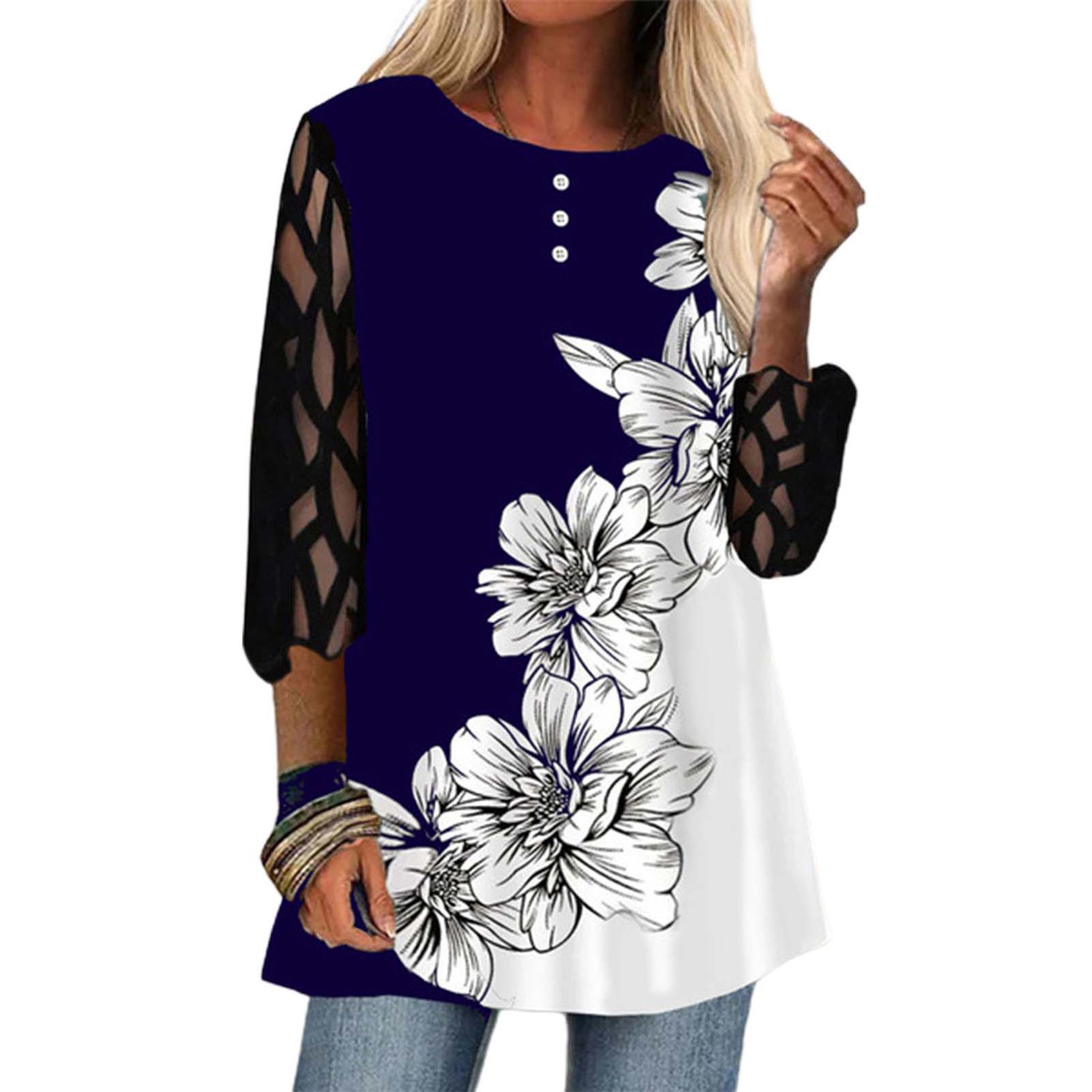 Pullover Blouse Bottom Closure Flower Printed Crewneck Women Blouse