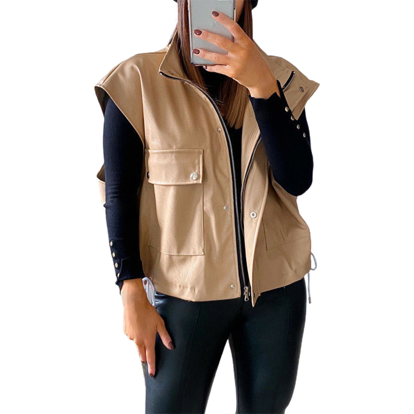 Women Motorcycle Vest Zipper Design Women Fashion Faux Leather Motorcycle Vest