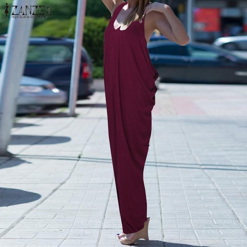 Original ZANZEA Women Sleeveless Casual Backless Jumpsuit Loose Wide Legs Playsuit Romper Plus