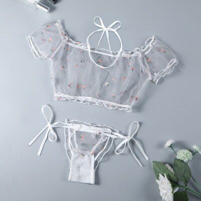 Plus Size Princess Sexy Pajama Set Women Ultra-thin Perspective Floral Print Mesh Sleepwear with Shorts Pj Set Kawaii Lingerie