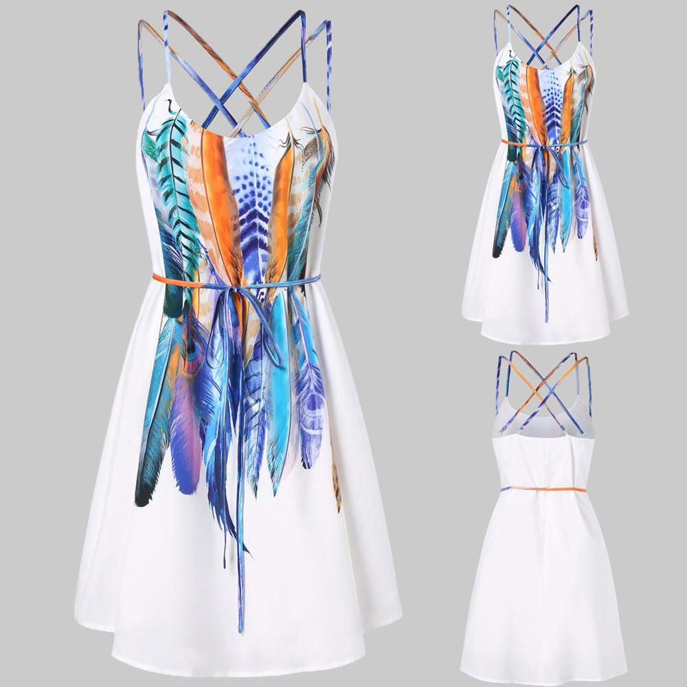 Women Casual Printed Feathers Pattern Cami Strap Dress