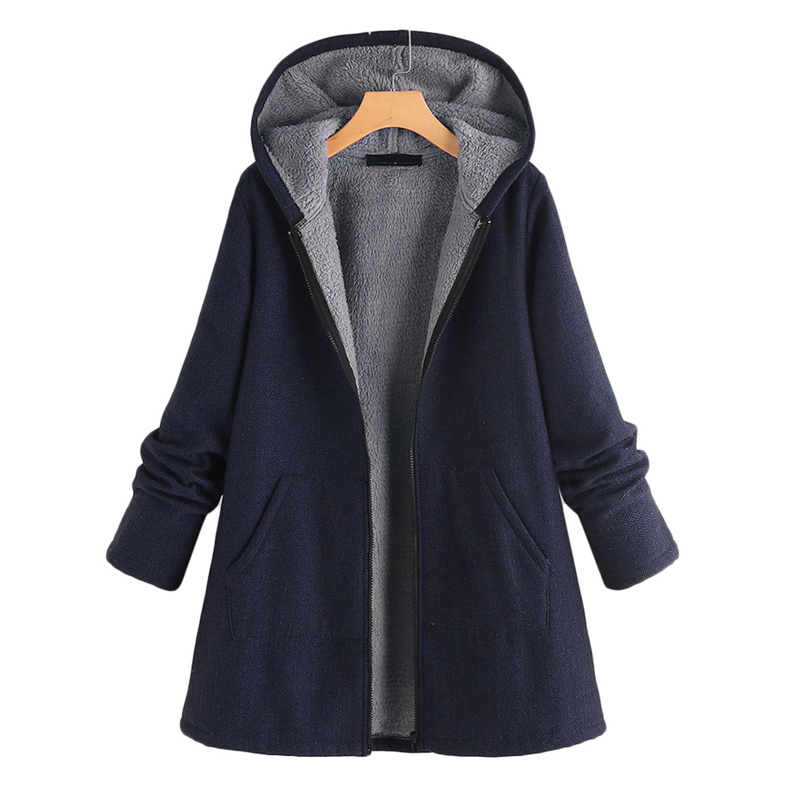 Women Hoodie Plush Lining Solid Color Warm Coat